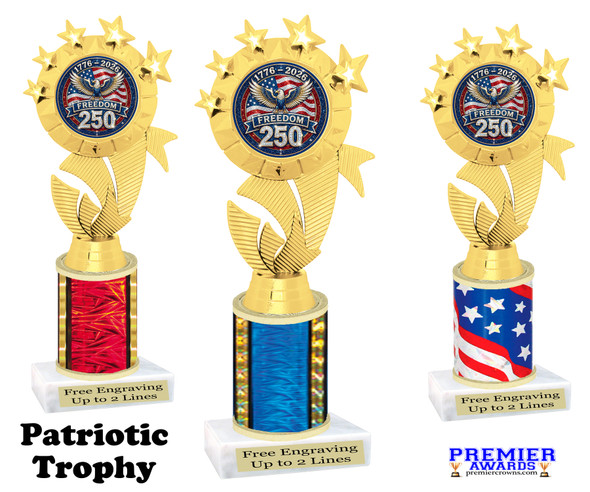 Patriotic theme trophy for your patriotic pageants, 4th of July events, contests, and more!  Choice of color and trophy height.  ph48