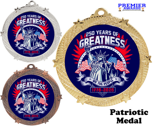 Patriotic-USA medal available in gold, silver or bronze. Great for your patriotic events, Patriotic themed pageants, 4th of July cookout events and more.  