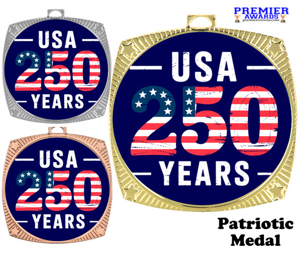 Patriotic-USA medal available in gold, silver or bronze. Great for your patriotic events, Patriotic themed pageants, 4th of July cookout events and more.  