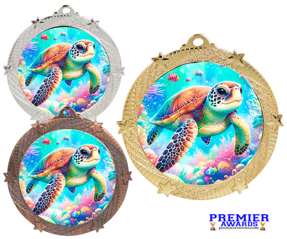 Cute, colorful medal with choice of gold, silver or bronze finish.  Great for "Under the Sea" pageants and events. Free neck ribbon and engraved disc on back.  