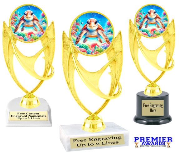 Sea Turtle trophy that will be a great award for your themed pageants, summer events, Under The Sea pageants, contests and more.  6" to 8" tall. 