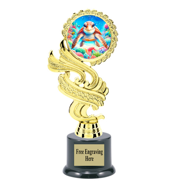 Sea Turtle trophy that will be a great award for your themed pageants, summer events, Under The Sea pageants, contests and more.  6" to 8" tall. 
