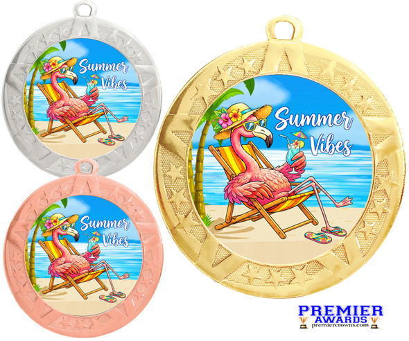 Cute, colorful medal with choice of gold, silver or bronze finish.  Great for summer pageants and events. Free neck ribbon and engraved disc on back.  