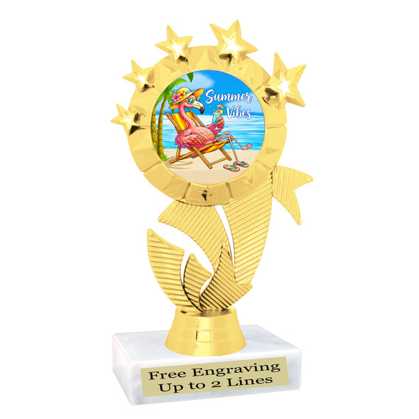 Flamingo Summer trophy that will be a great award for your themed pageants, summer events, Beach themed pageants, contests and more.  6" to 8" tall. 