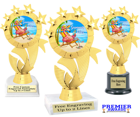 Flamingo Summer trophy that will be a great award for your themed pageants, summer events, Beach themed pageants, contests and more.  6" to 8" tall. 