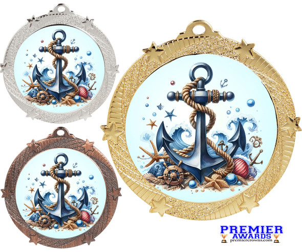 Nautical theme medal with choice of gold, silver or bronze finish.  Great for summer pageants and events. Free neck ribbon and engraved disc on back.  