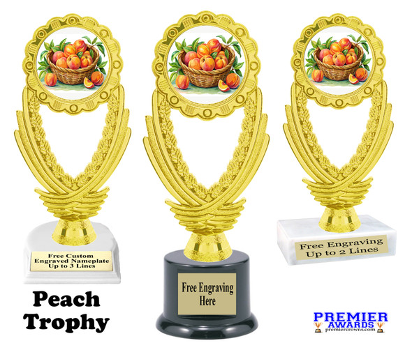 Peach trophy. 6" - 8" tall.  Great for your Peach Festival events,  baking, cookies, dessert competitions, pie eating contest and more. 