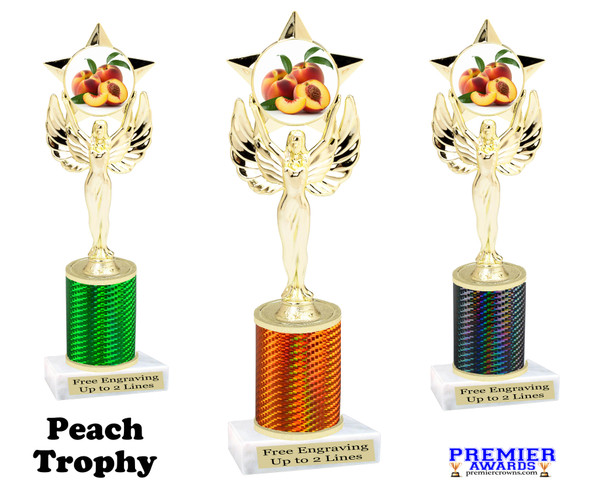 Peach theme trophy for your Peach  pageants, festivals, contests, and more!  Choice of color and trophy height. 