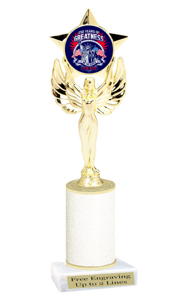 Glitter Patriotic theme trophy for your patriotic pageants, 4th of July events, contests, and more!  Choice of color and trophy height. 