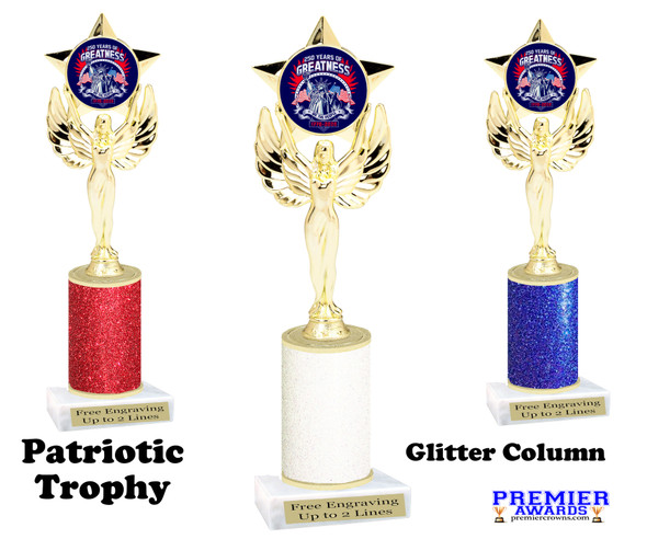 Glitter Patriotic theme trophy for your patriotic pageants, 4th of July events, contests, and more!  Choice of color and trophy height. 