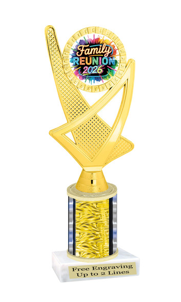 Family reunion trophy.   Great for your Family Reunion games, contests, activities and more.  Choice of color and trophy height. 