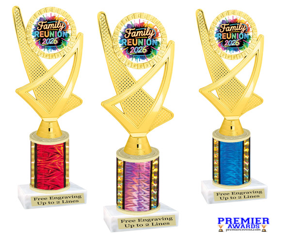 Family reunion trophy.   Great for your Family Reunion games, contests, activities and more.  Choice of color and trophy height. 