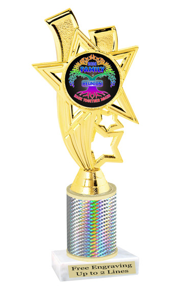 Family reunion trophy.   Great for your Family Reunion games, contests, activities and more.  Choice of color and trophy height. 