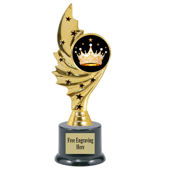 Crown theme trophy.  6" to 8" tall with choice of base. Great for your Pageants, contests, activities and more