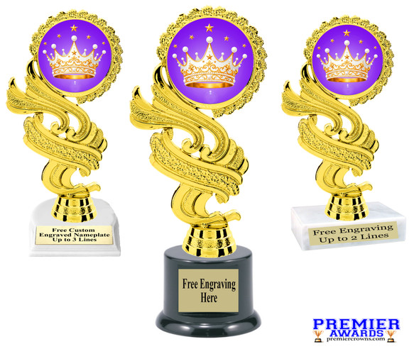 Crown theme trophy.  6" to 8" tall with choice of base. Great for your Pageants, contests, activities and more