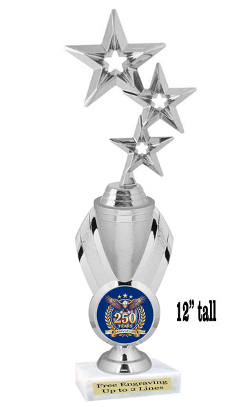 Patriotic trophy with choice of artwork. 12" tall  - Great for all of your 4th of July pageants and events. Silver stars