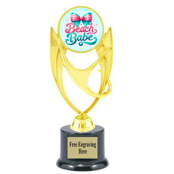 Beach theme trophy.  6" to 8" tall with choice of base. Great for your Pageants, contests, activities and more