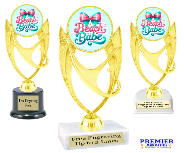 Beach theme trophy.  6" to 8" tall with choice of base. Great for your Pageants, contests, activities and more