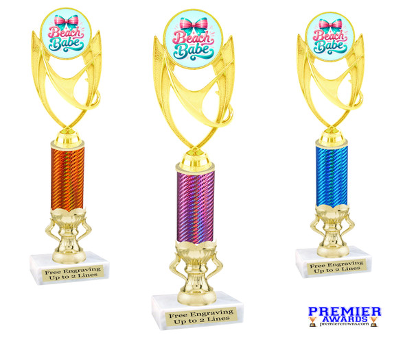 Beach theme trophy.  Great for your pageants, festivals, contests.  Choice of column color, base and height.  Trophy height starts at 12" tall.  