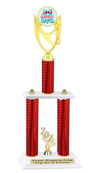 Beach theme trophy for your pageants, contests and events.  Numerous trophy heights available.  Choice of column color .  Trophy heights starts at 14" tall.