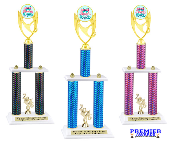 Beach theme trophy for your pageants, contests and events.  Numerous trophy heights available.  Choice of column color .  Trophy heights starts at 14" tall.