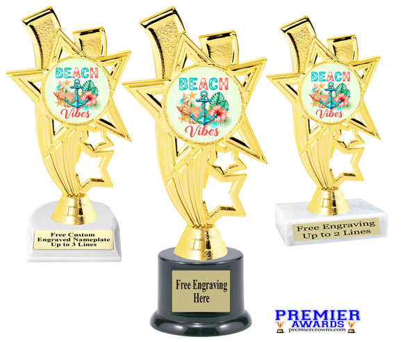 Beach theme trophy.  6" to 8" tall with choice of base. Great for your Pageants, contests, activities and more