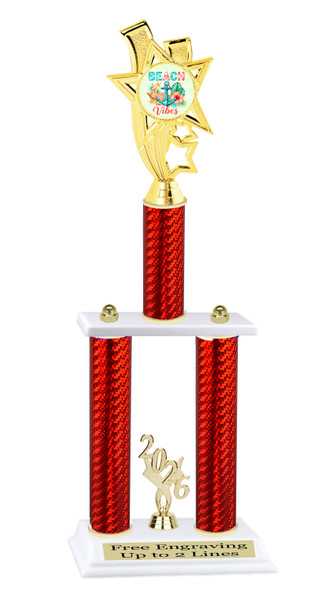 Beach theme trophy for your pageants, contests and events.  Numerous trophy heights available.  Choice of column color .  Trophy heights starts at 14" tall.