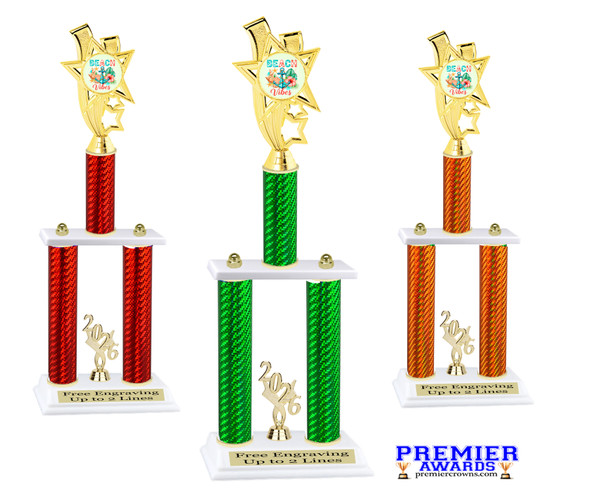 Beach theme trophy for your pageants, contests and events.  Numerous trophy heights available.  Choice of column color .  Trophy heights starts at 14" tall.