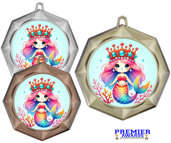 Mermaid medal with choice of gold, silver or bronze finish.  Free neck ribbon and engraved disc on back.