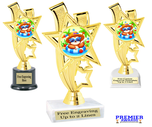 Summer theme trophy.  6" to 8" tall with choice of base. Great for your Pageants, contests, activities and more