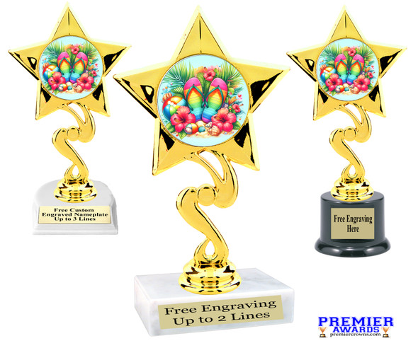 Flip Flop theme trophy.  6" to 8" tall with choice of base. Great for your Pageants, contests, activities and more