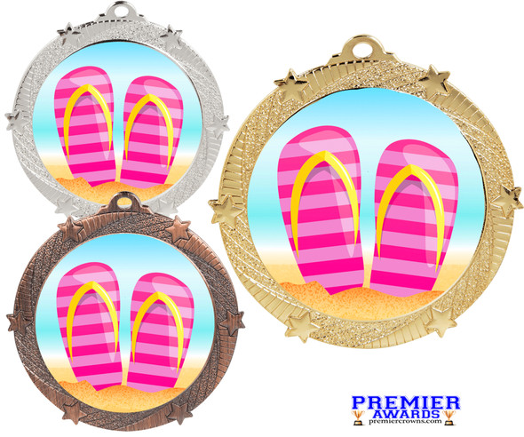 Flip Flop theme medal available in gold, silver or bronze. Great for your Pageants, contests, activities and more