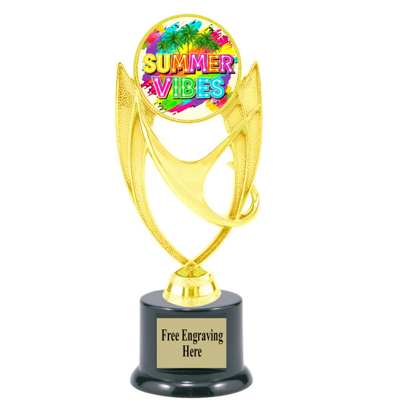 Summer theme trophy.  6" to 8" tall with choice of base. Great for your Pageants, contests, activities and more