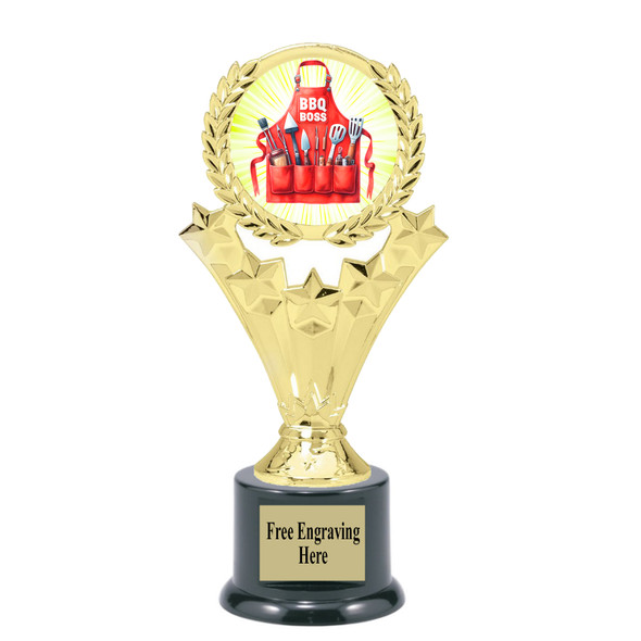 BBQ theme trophy with choice of base. 5.5" to 7.5" tall.  Great for your cookouts, grilling contests, eating contests or your favorite chef. 