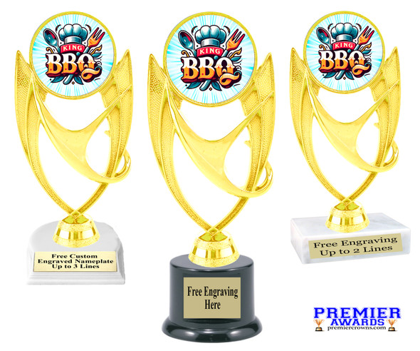 BBQ theme trophy with choice of base. 6" to 8" tall.  Great for your cookouts, grilling contests, eating contests or your favorite chef. 