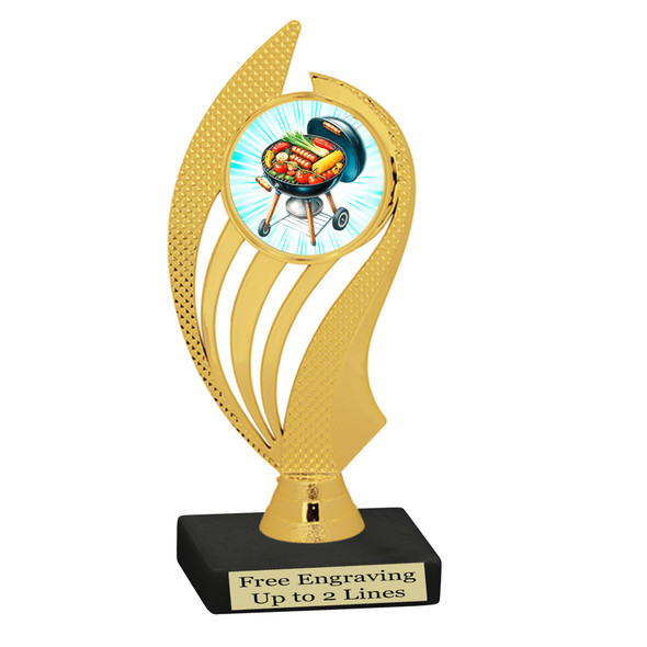 BBQ theme trophy with choice of base. 6" to 8" tall.  Great for your cookouts, grilling contests, eating contests or your favorite chef. 