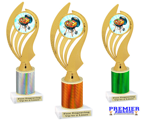 BBQ theme trophy with choice of color. Great for your cookouts, grilling contests, eating contests or your favorite chef. 