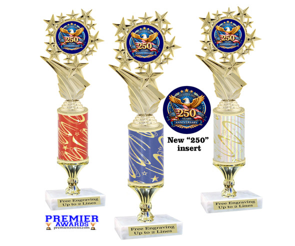 Patriotic trophy that will be great for any patriotic event, pageant and more.  Select base and trophy height.  Height starts at 12" tall 