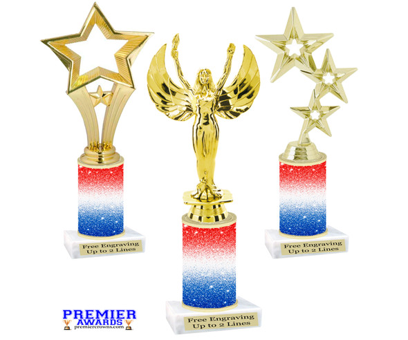 Patriotic trophy that will be great for any patriotic event, pageant and more.  Select base figure and trophy height.  