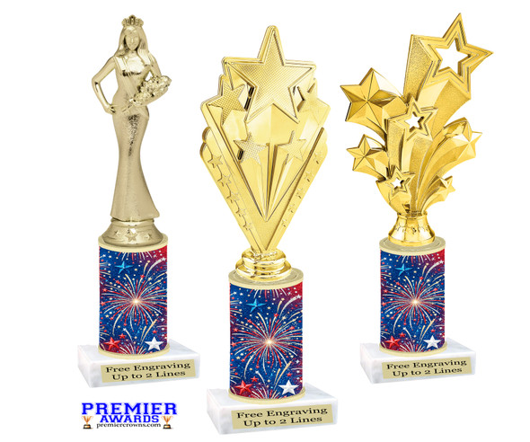 Patriotic trophy that will be great for any patriotic event, pageant and more.  Select base figure and trophy height.  