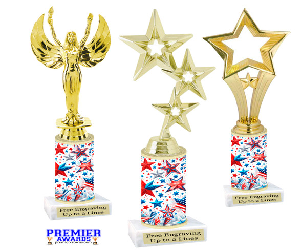 Patriotic trophy that will be great for any patriotic event, pageant and more.  Select base figure and trophy height.  
