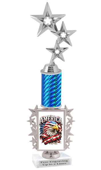 Patriotic theme trophy.  Great trophy for all of your patriotic themed events!  Height starts at 14" tall
