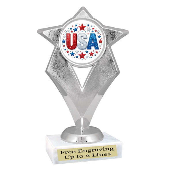 Patriotic theme trophy. Great for 4th of July events, 250 Anniversary events and more! 6" to 8" tall with choice of base.  
