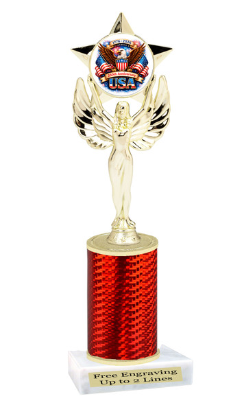 Patriotic theme trophy for your patriotic pageants, 4th of July events, contests, and more!  Choice of color and trophy height. 