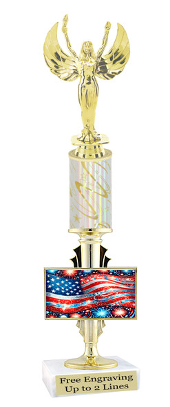 Patriotic theme trophy.  Great trophy for all of your patriotic themed events!  Height starts at 14" tall