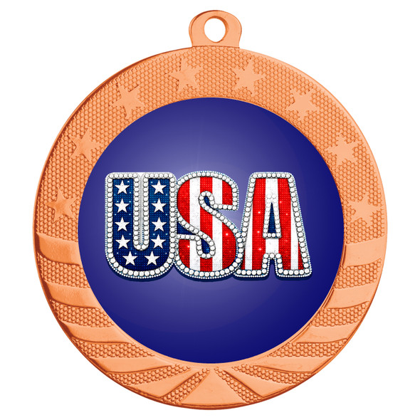 Patriotic-USA medal available in gold, silver or bronze. Great for your patriotic events, Patriotic themed pageants, 4th of July cookout events and more.  