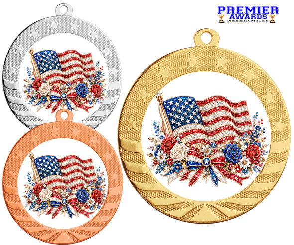 Patriotic-USA medal available in gold, silver or bronze. Great for your patriotic events, Patriotic themed pageants, 4th of July cookout events and more.  