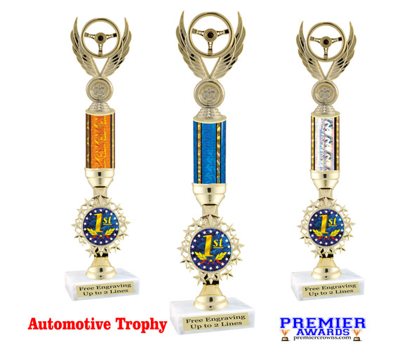 Automotive trophy.  Great trophy for car shows, contests, car guys and more.  Choice of  column color and trophy height.  Trophy heights starts at 14" tall.  Current Year.