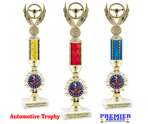 Automotive trophy.  Great trophy for car shows, contests, car guys and more.  Choice of  column color and trophy height.  Trophy heights starts at 14" tall.  Current Year.