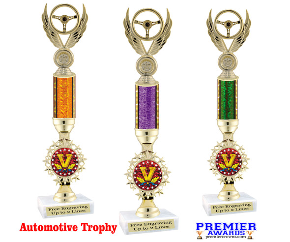 Automotive trophy.  Great trophy for car shows, contests, car guys and more.  Choice of  column color and trophy height.  Trophy heights starts at 14" tall.  Current Year.